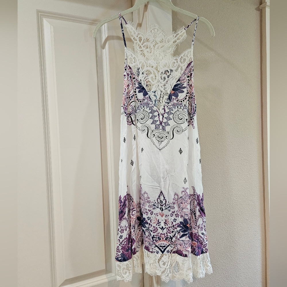 Free People Who's Sorry Now Printed Mini Slip Dress Sleeveless Lace Ivory XS NWT - Picture 2 of 16